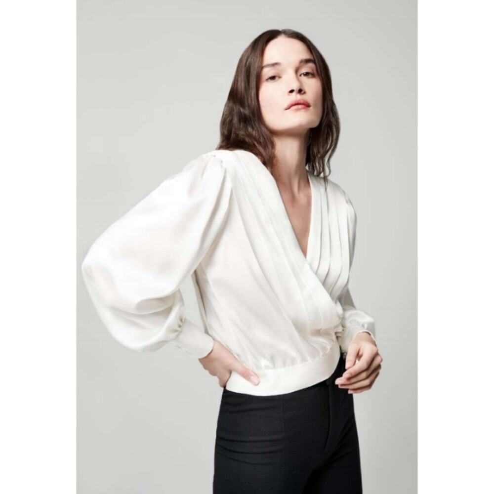 SMYTHE Women Pleated Crossover Blouse M Ivory Satin Viscose Top Balloon Sleeve